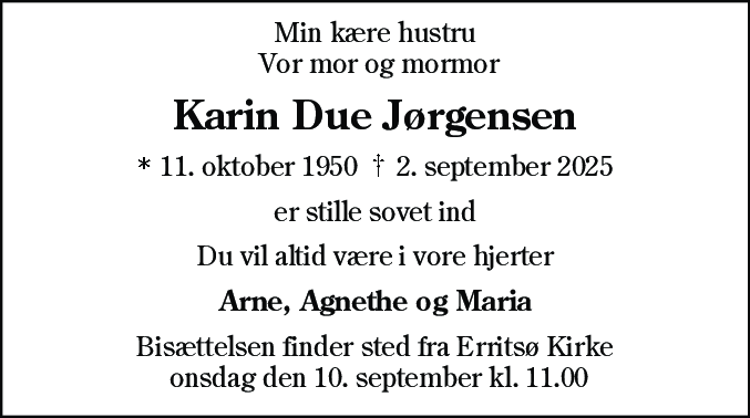 Dødsannonce for Karin Due Jørgensen