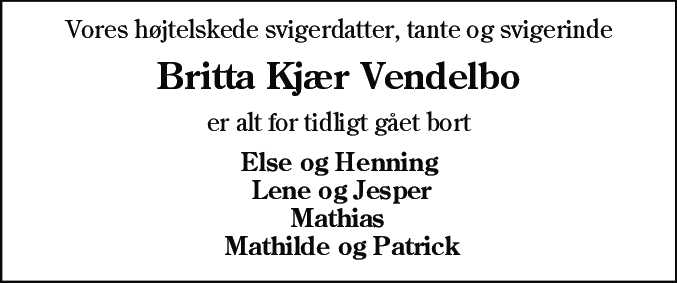 Dødsannonce for Britta Kjær Vendelbo