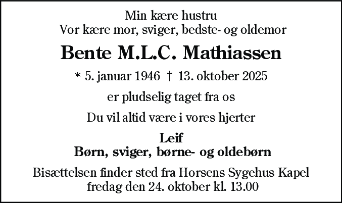 Dødsannonce for Bente Marie Lilian Christiansen Mathiassen