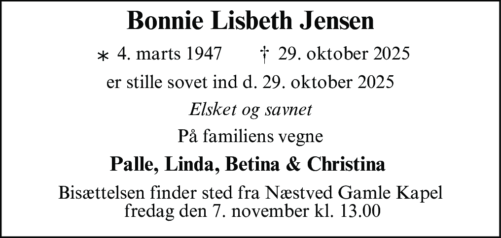 Dødsannonce for Bonnie Lisbeth Jensen