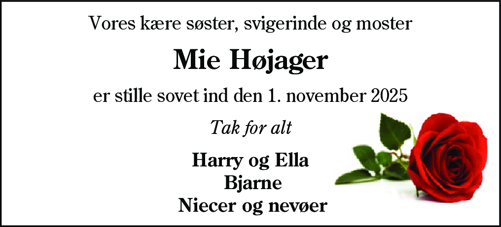 Dødsannonce for Mie Højager