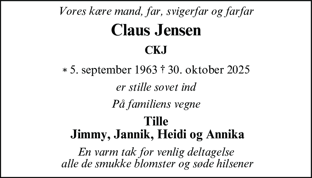Dødsannonce for Claus Jensen