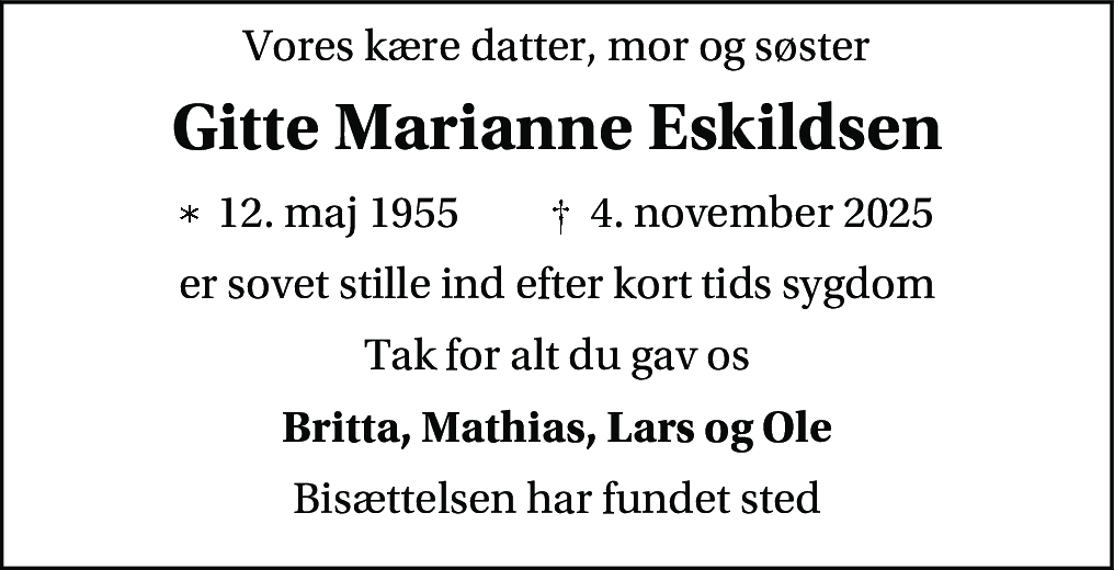 Dødsannonce for Gitte Marianne Eskildsen