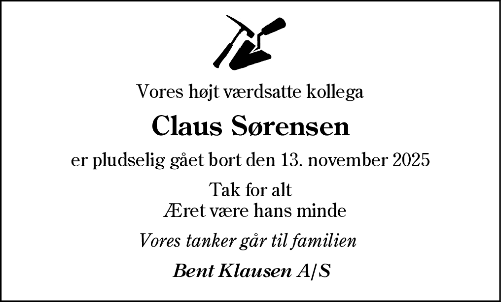 Dødsannonce for Claus Sørensen