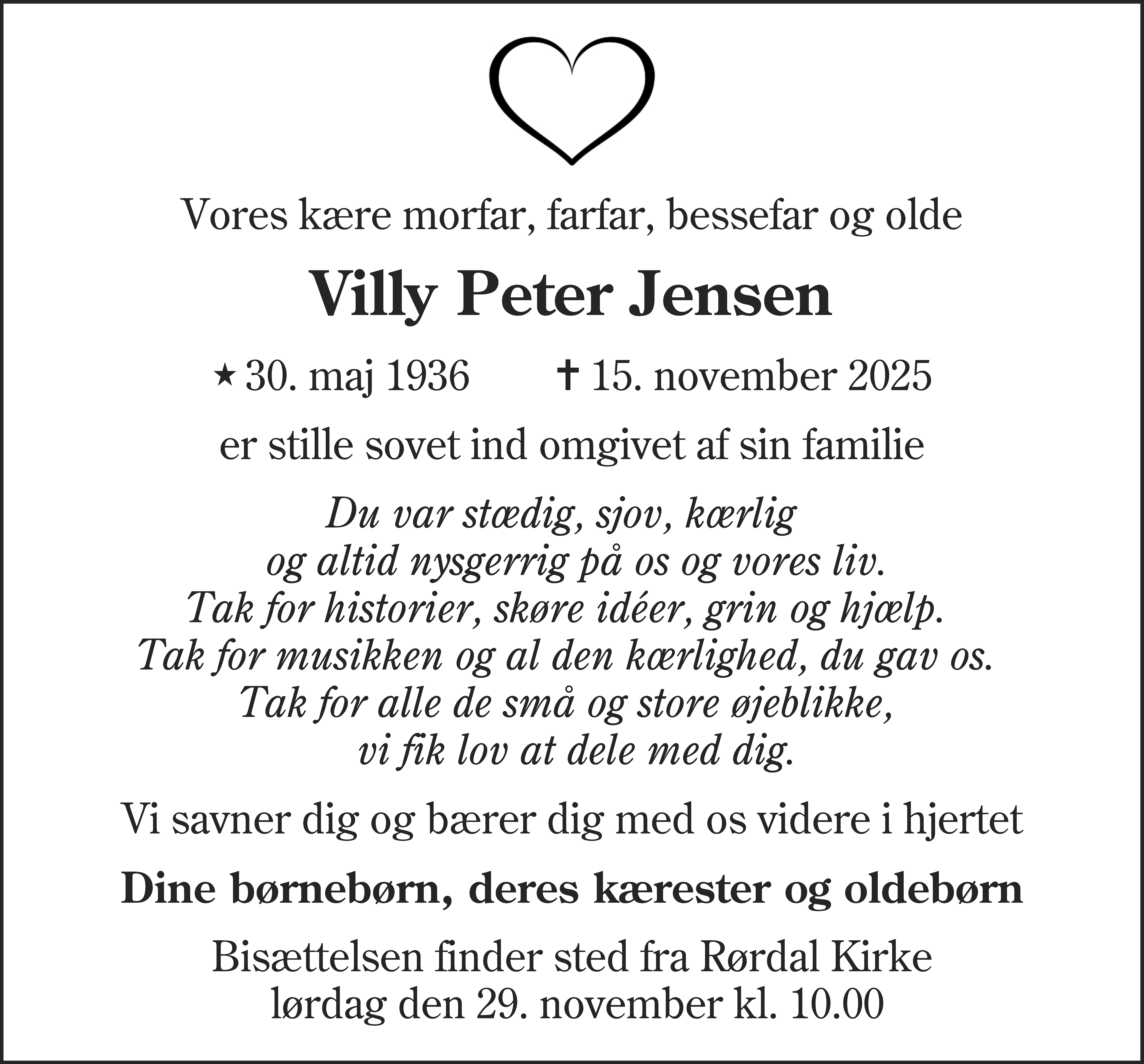 Dødsannonce for Villy Peter Jensen