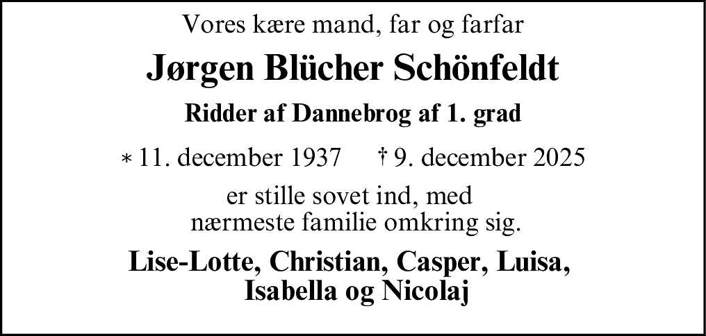 Dødsannonce for Jørgen Blücher Schönfeldt