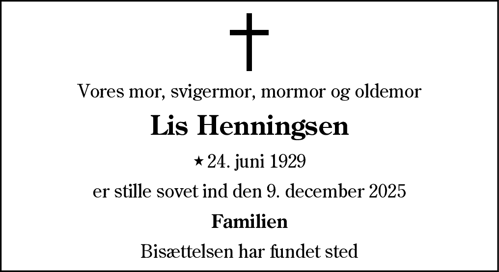 Dødsannonce for Lis Henningsen