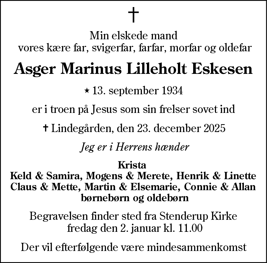 Dødsannonce for Asger Marinus Lilleholt Eskesen
