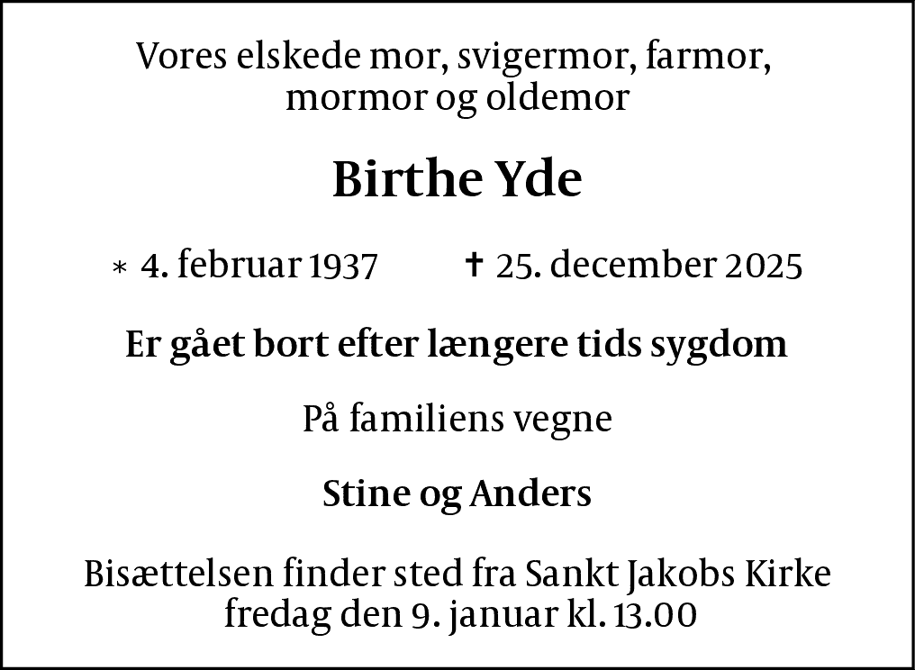 Dødsannonce for Birthe Yde