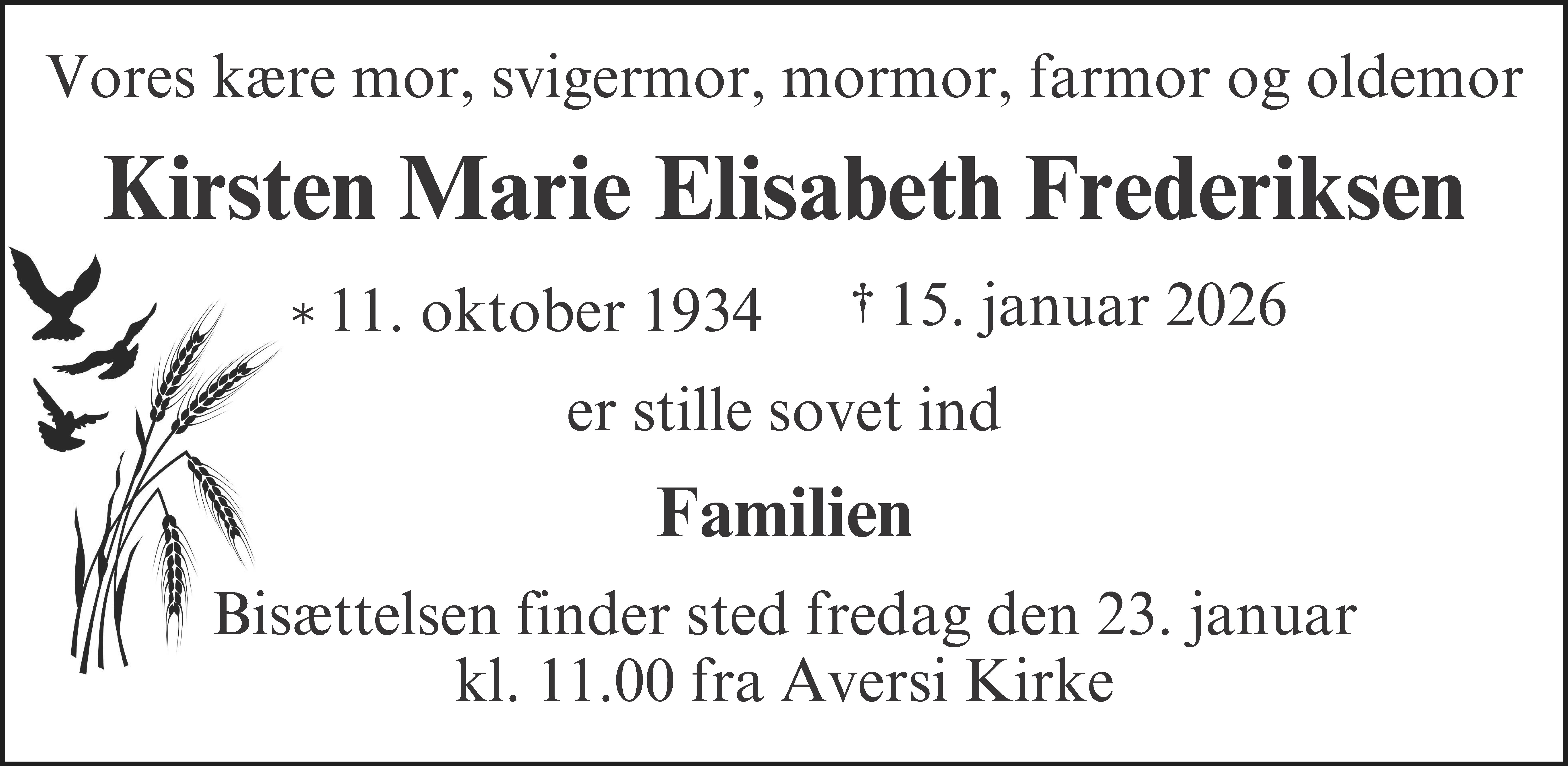 Dødsannonce for Kirsten Marie Elisabeth Frederiksen