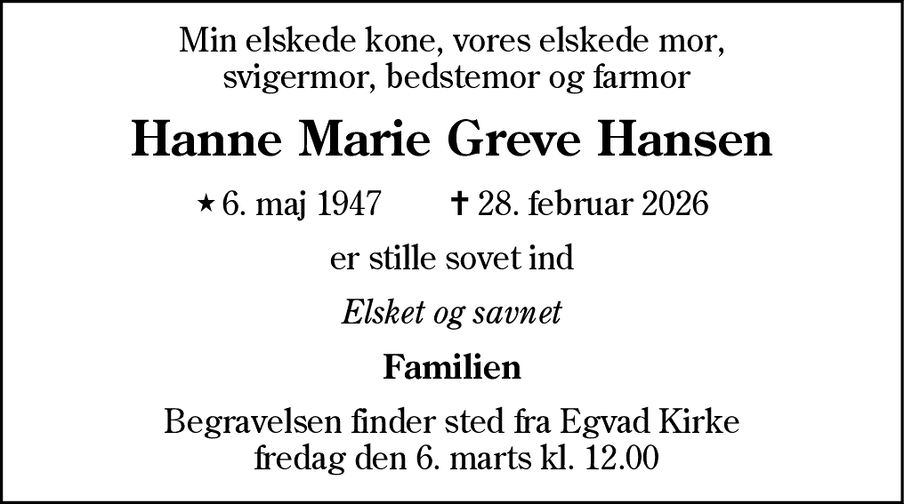 Dødsannonce for Hanne Marie Hansen