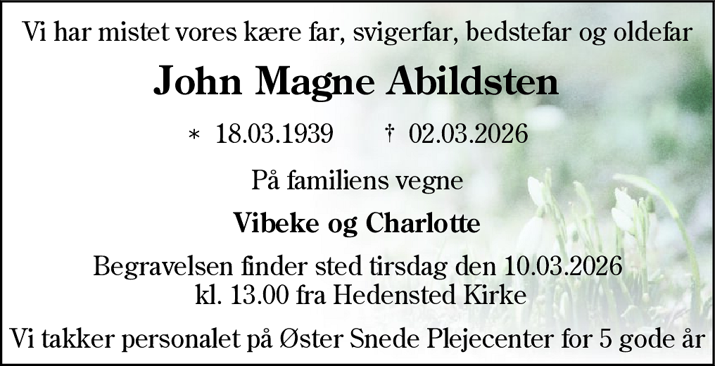 Dødsannonce for John Magne Abildsten