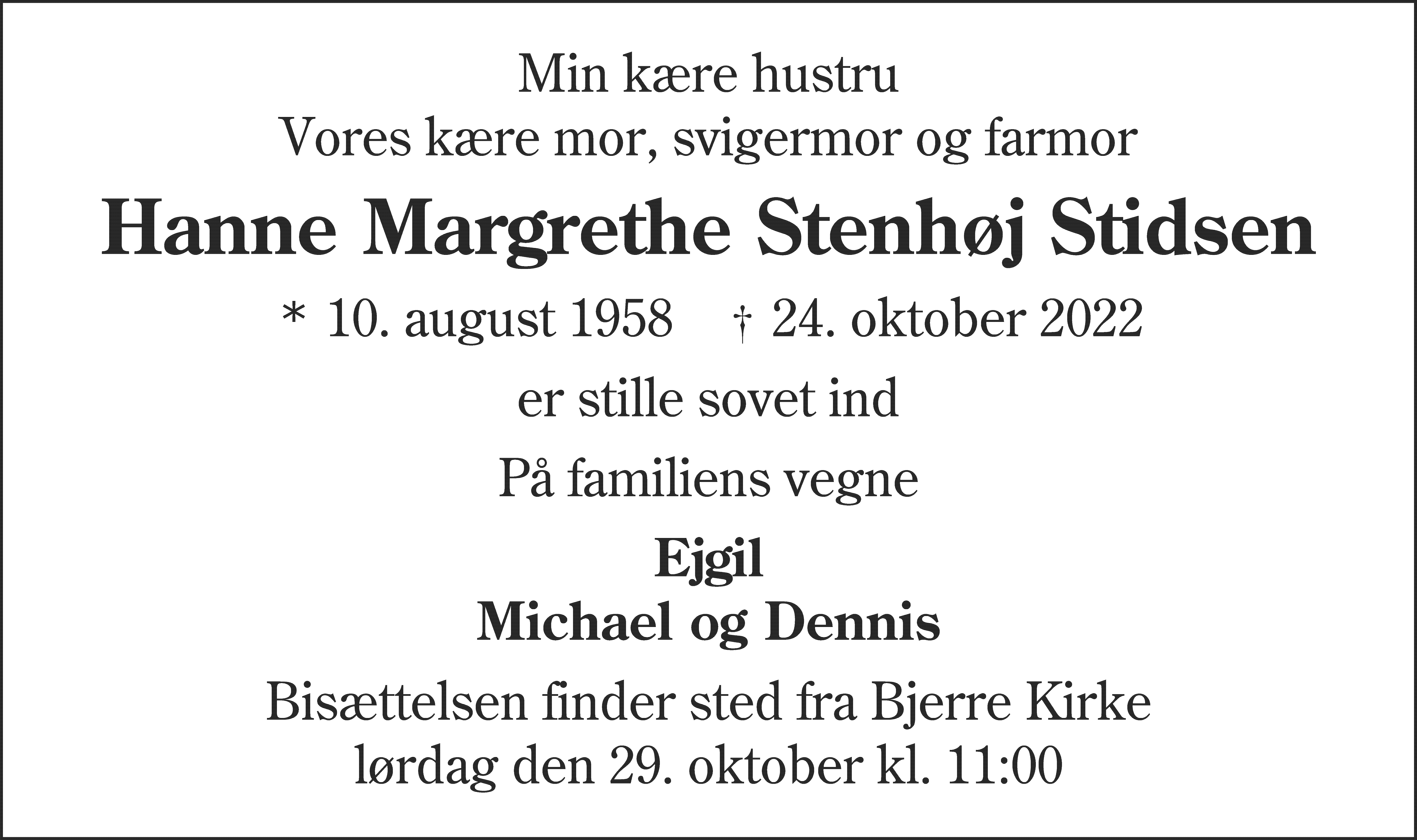 Dødsannonce for Hanne Margrethe Stenhøj Stidsen