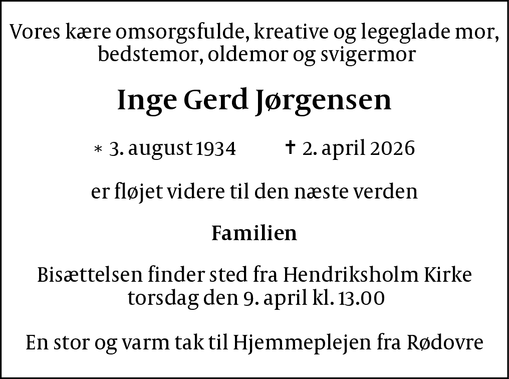 Dødsannonce for Inge Gerd Jørgensen