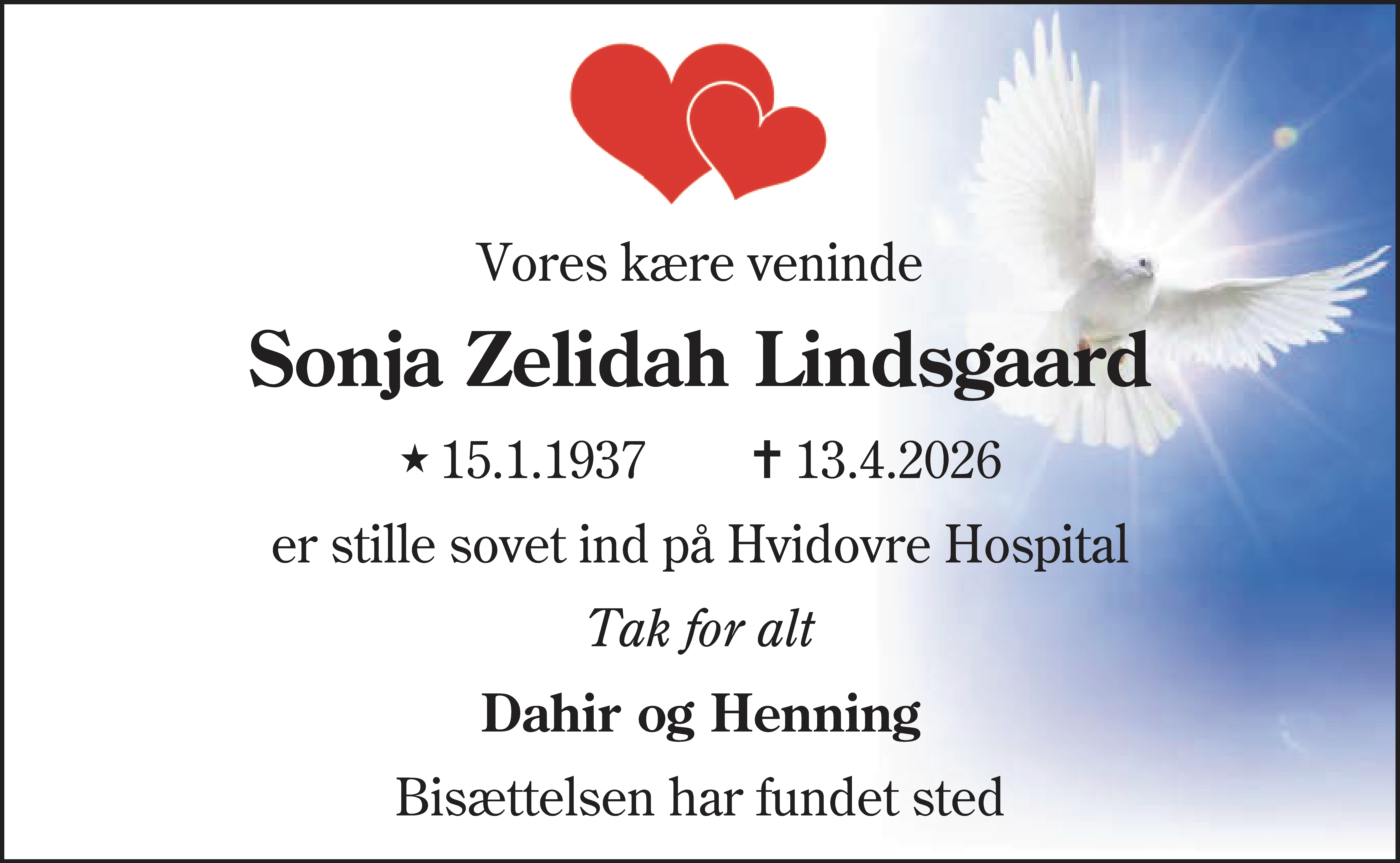 Dødsannonce for Sonja Zelidah Lindsgaard