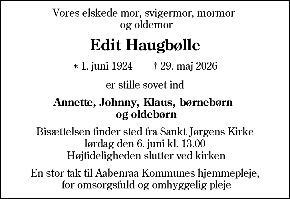 Dødsannonce for Edit Haugbølle