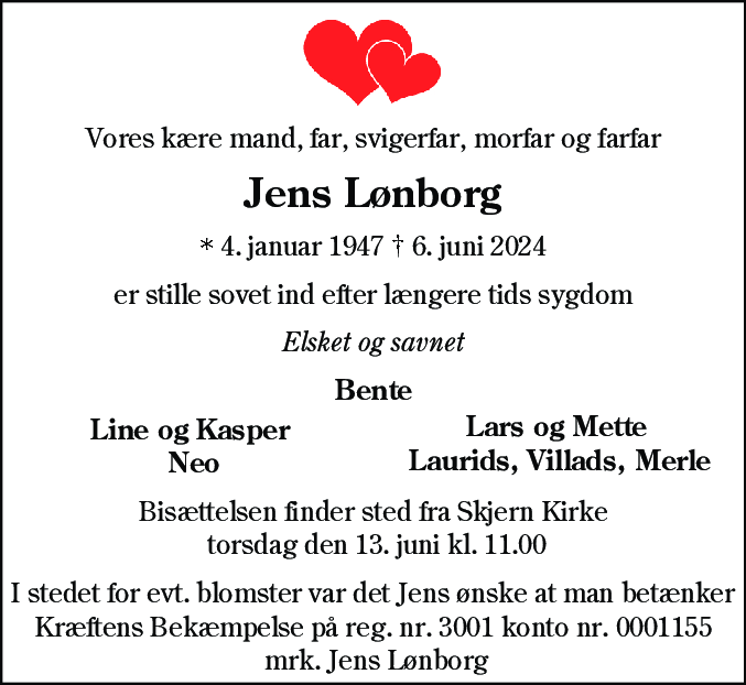 Dødsannonce for Jens Lønborg