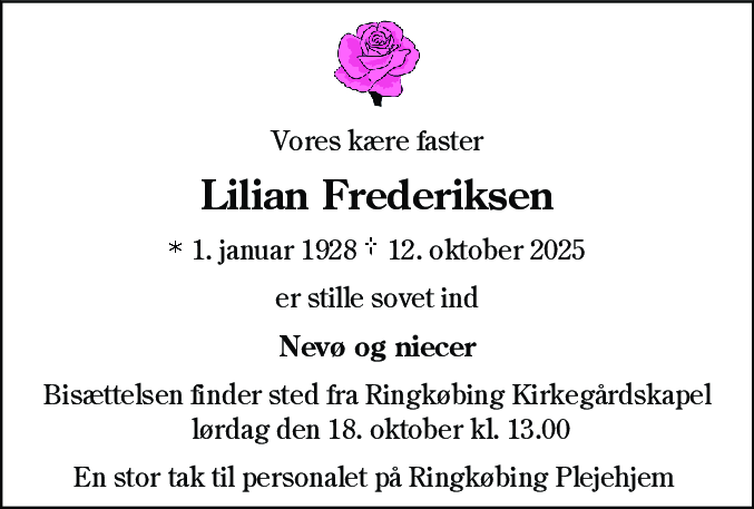 Dødsannonce for Lilian Frederiksen