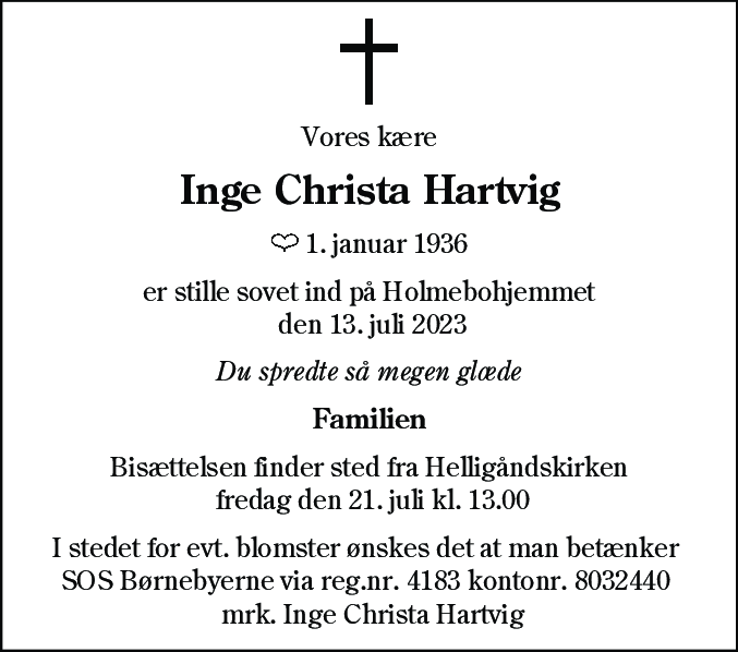 Dødsannonce for Inge Christa Hartvig