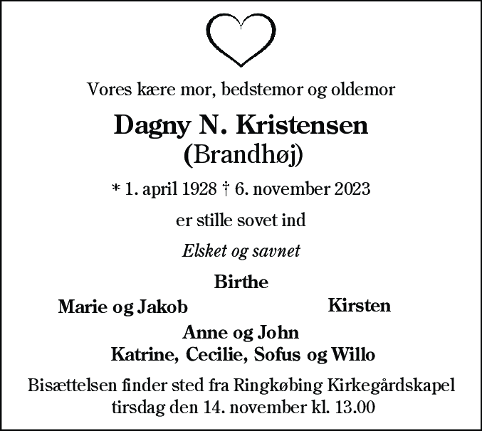 Dødsannonce for Dagny N. Kristensen