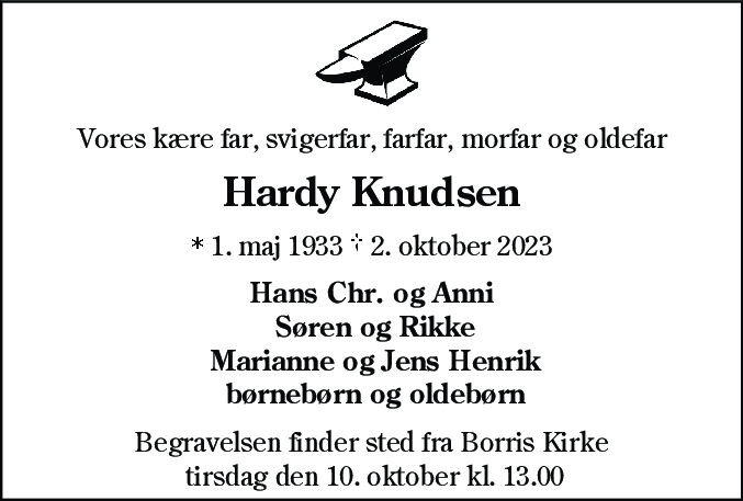 Dødsannonce for Hardy Knudsen
