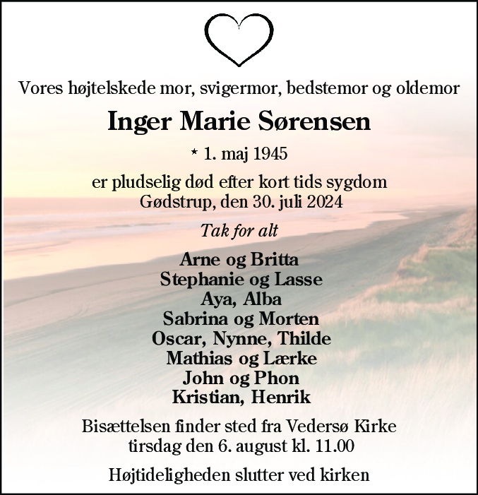 Dødsannonce for Inger Marie Sørensen