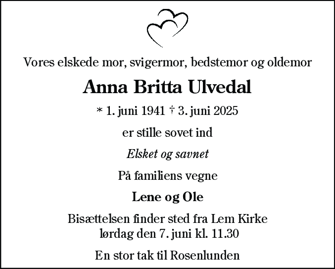 Dødsannonce for Anna Britta Ulvedal