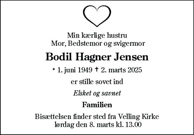 Dødsannonce for Bodil Hagner Jensen