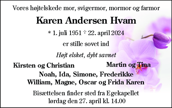 Dødsannonce for Karen Andersen Hvam