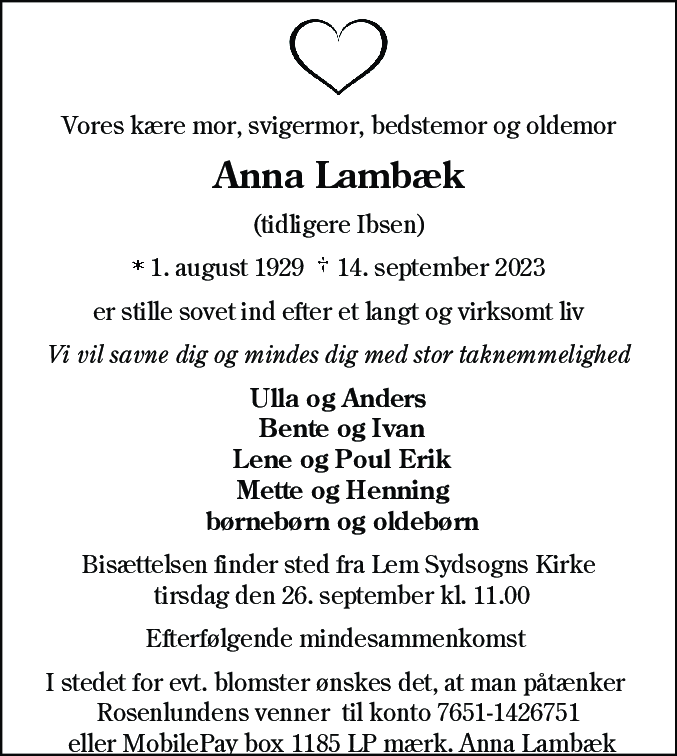 Dødsannonce for Anna Lambæk