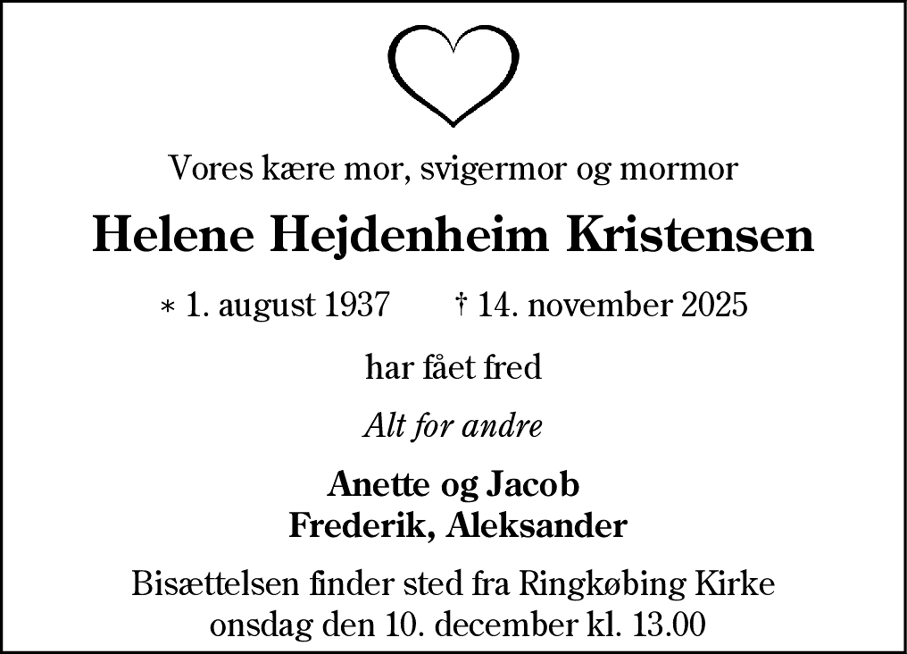 Dødsannonce for Helene Hejdenheim Kristensen