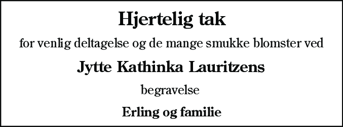 Dødsannonce for Jytte Kathinka Lauritzen