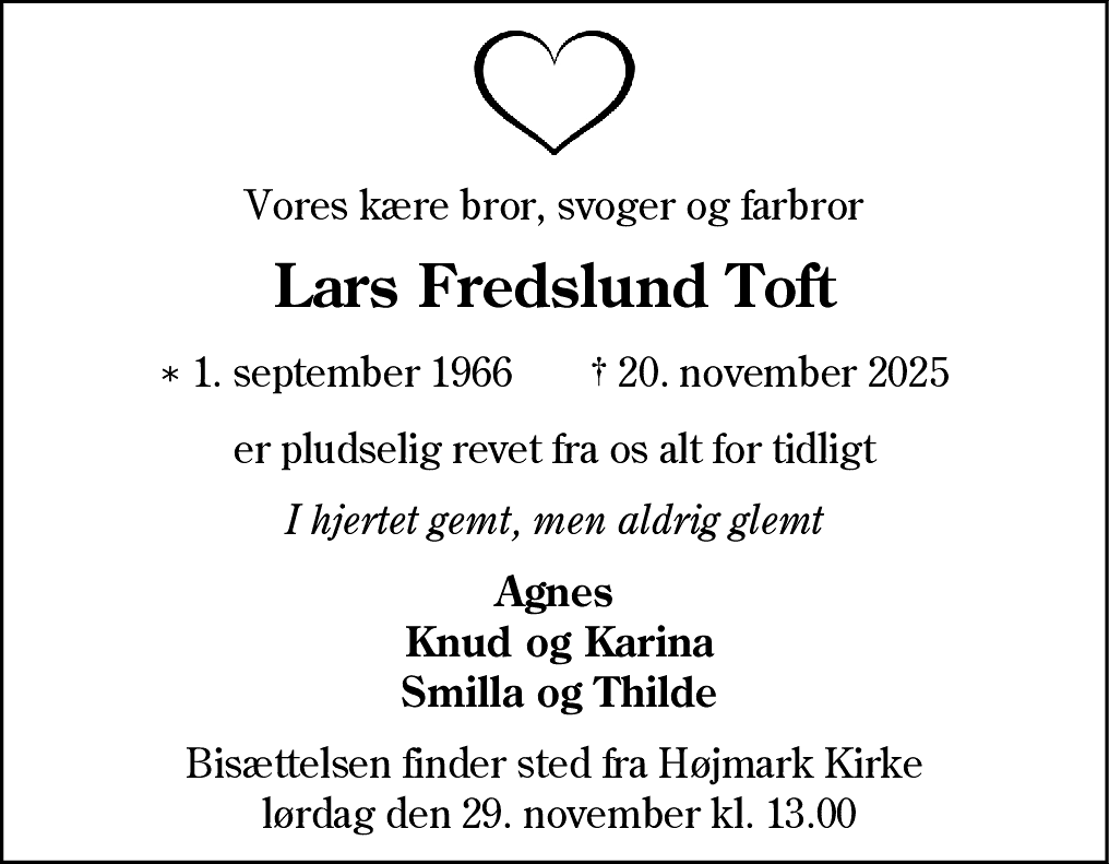 Dødsannonce for Lars Fredslund Toft