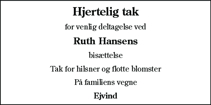 Dødsannonce for Ruth Hansen