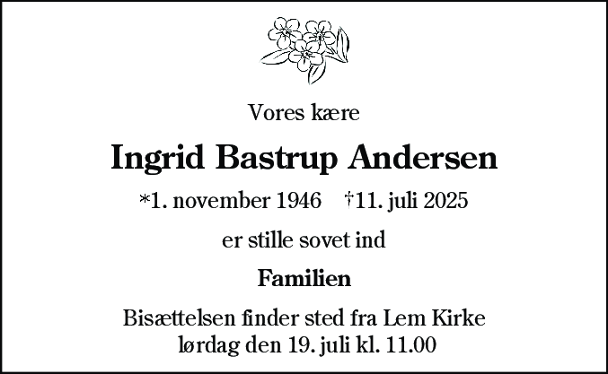Dødsannonce for Ingrid Bastrup Andersen