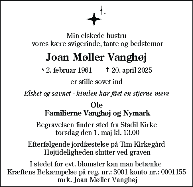 Dødsannonce for Joan Møller Vanghøj