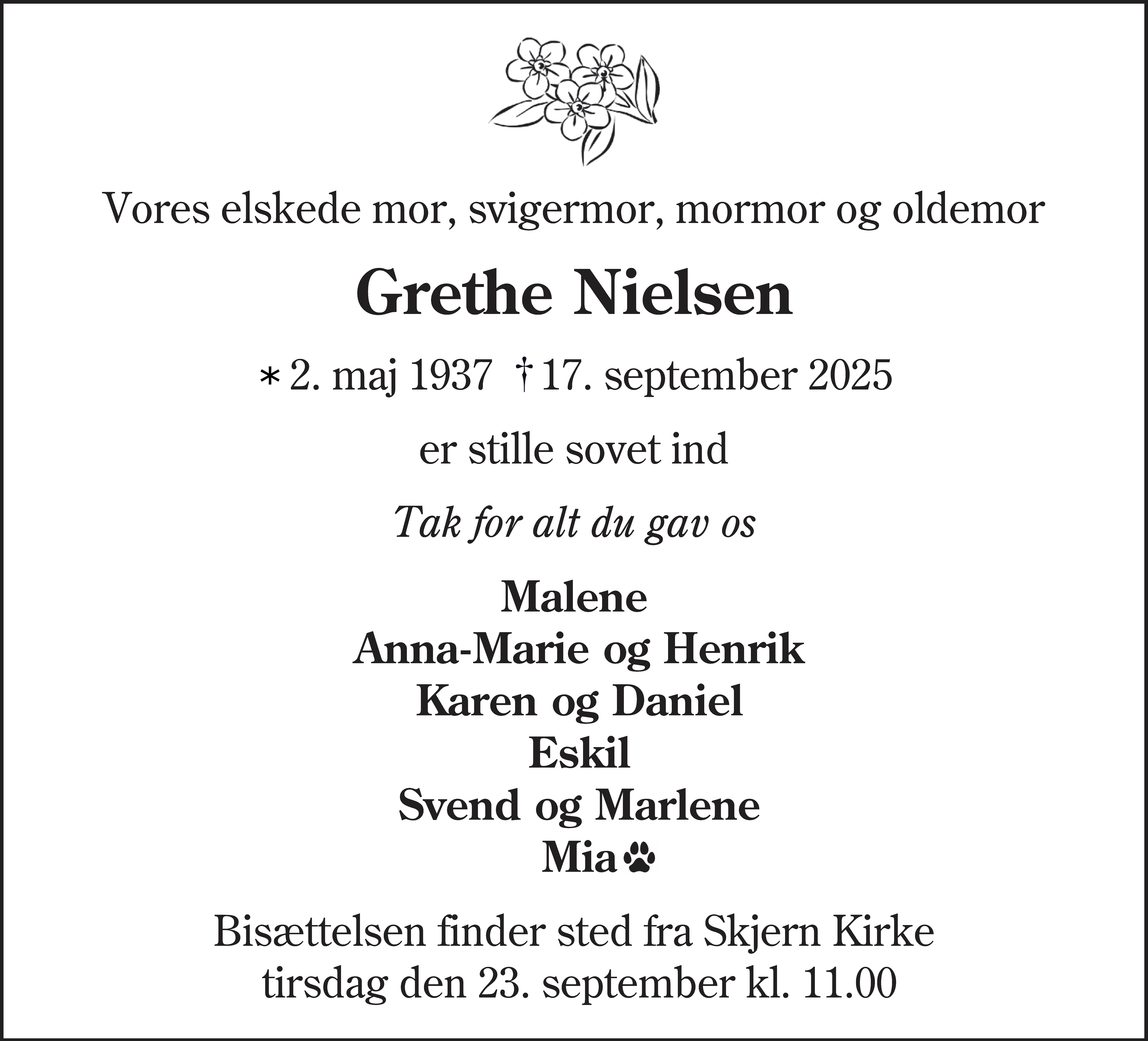 Dødsannonce for Grethe Nielsen