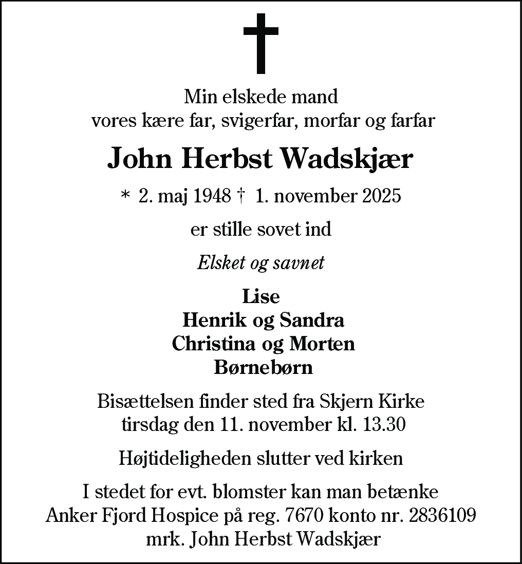 Dødsannonce for John Herbst Wadskjær