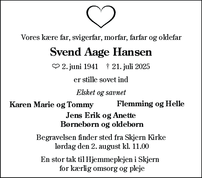 Dødsannonce for Svend Aage Hansen