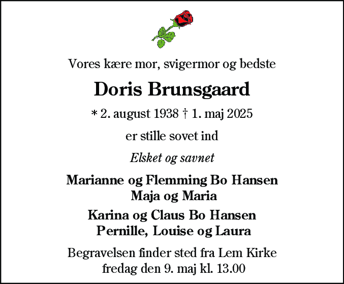 Dødsannonce for Doris Brunsgaard