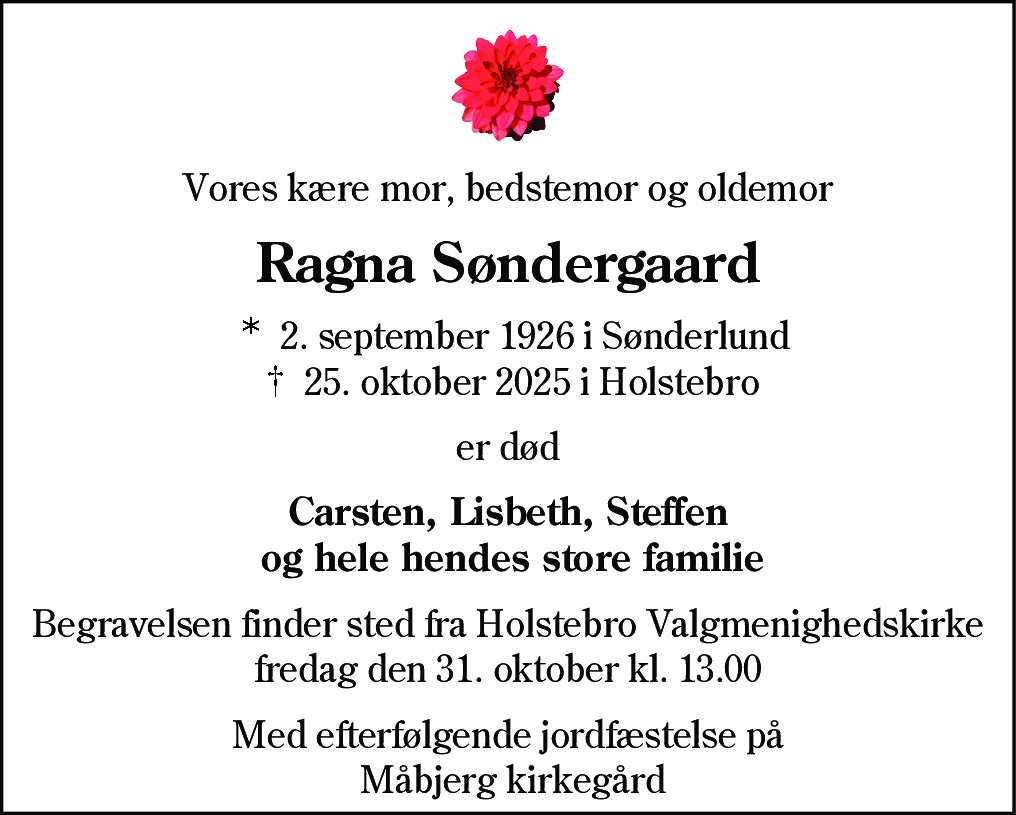 Dødsannonce for Ragna Søndergaard