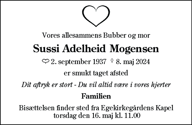Dødsannonce for Sussi Adelheid Mogensen