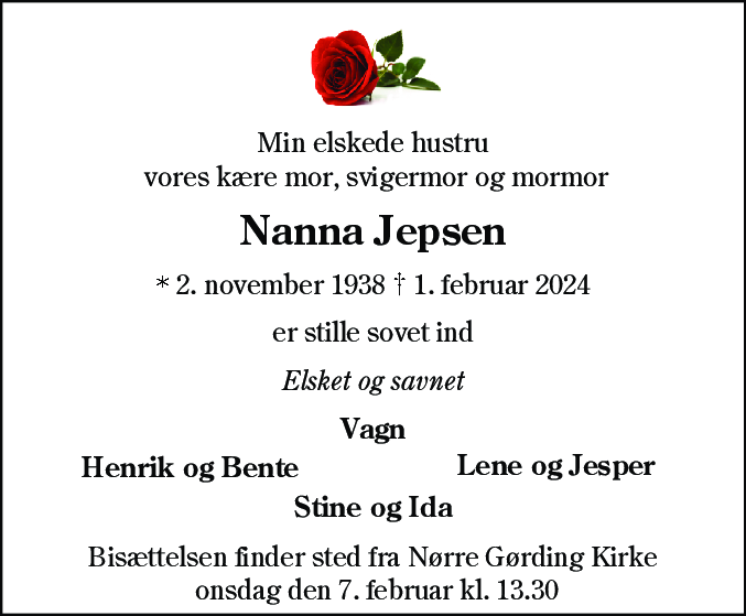 Dødsannonce for Nanna Jepsen