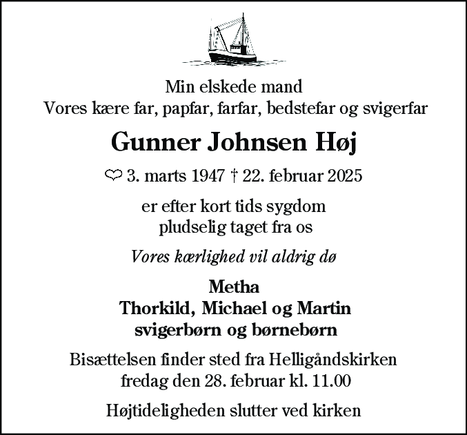 Dødsannonce for Gunner Johnsen Høj