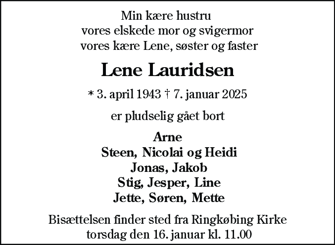 Dødsannonce for Lene Lauridsen