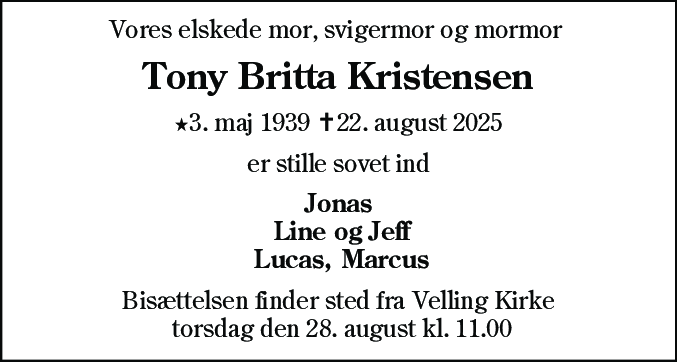 Dødsannonce for Tony Britta Kristensen