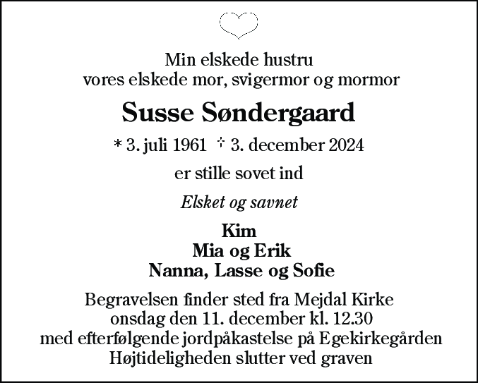 Dødsannonce for Susse Søndergaard