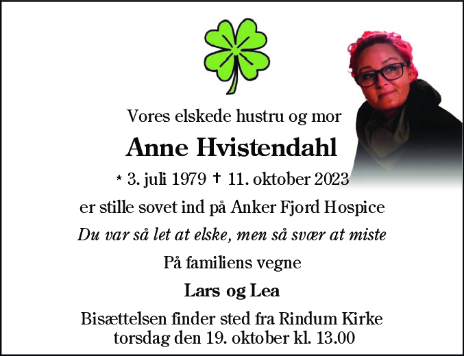 Dødsannonce for Anne Hvistendahl