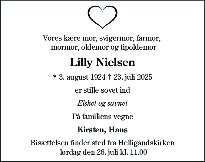 Dødsannonce for Lilly Nielsen
