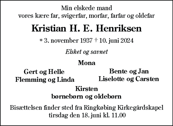 Dødsannonce for Kristian H. E. Henriksen